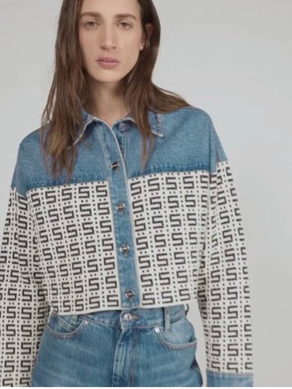 Sandro Cropped Denim Coatigan Jacket Cordoue Jacquard Womens 1